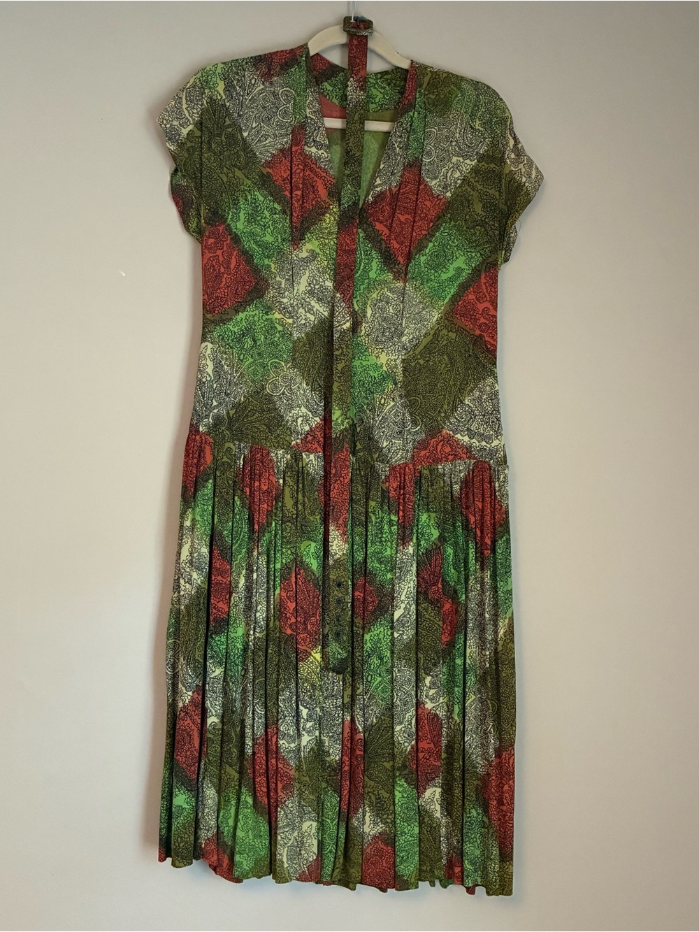 Girls Pleated Floral Patchwork Dress in Green & Red